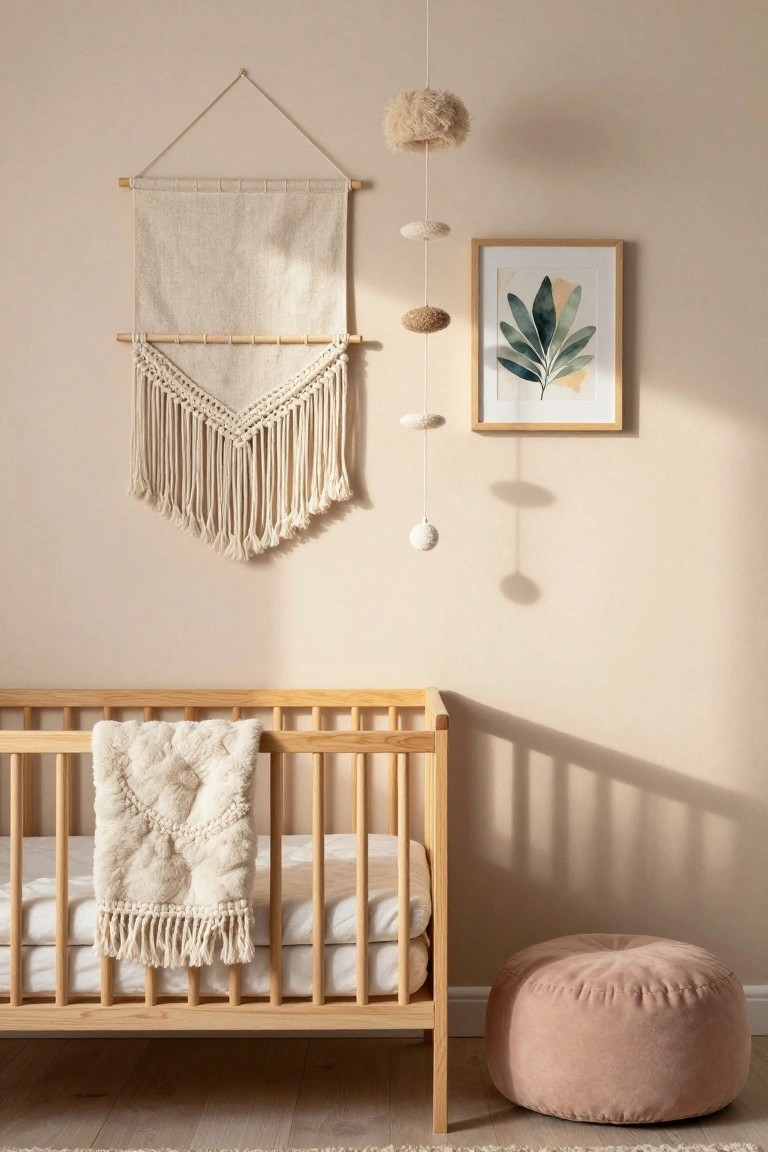 Beige nursery room with wooden crib holding white knit blanket, large neutral macrame wall hanging above crib, hanging mobile with wool balls, framed green leaf artwork, and pink pouf on wood floor.