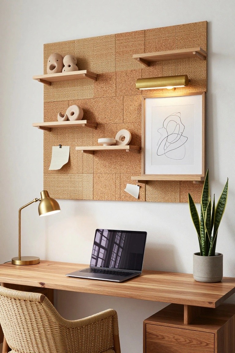 A home office setup with wooden desk, rattan chair, open laptop, desk lamp, potted snake plant, and a large corkboard wall panel featuring integrated wooden shelves with ceramics, a framed line drawing, and pinned notes.