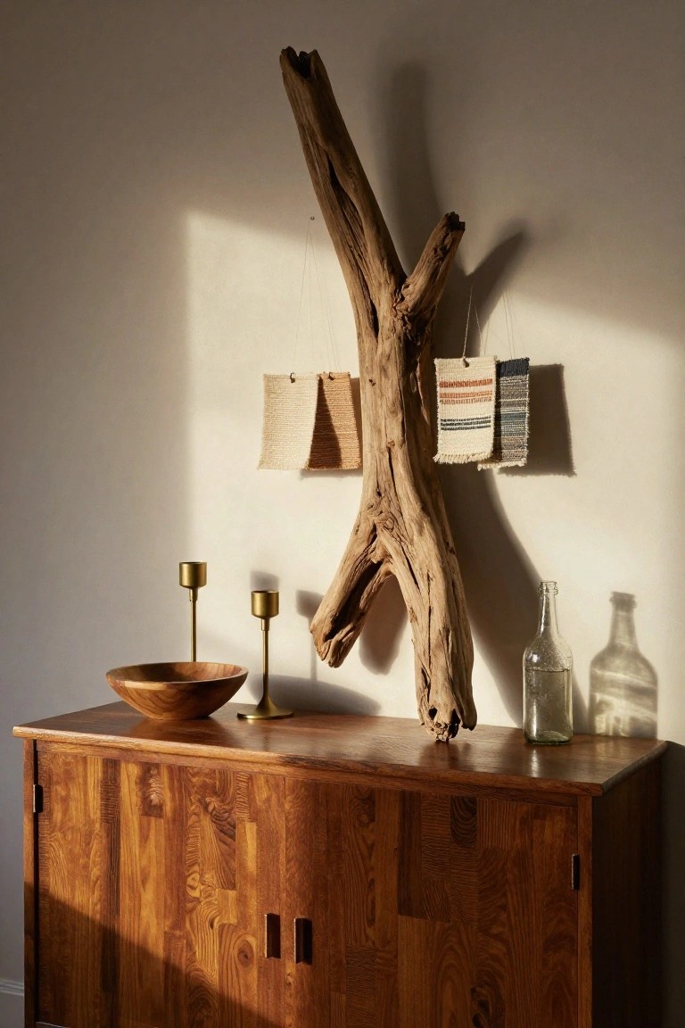 Driftwood branch mounted on white wall above wooden credenza with woven fabric swatches hanging from it, gold candlesticks in wooden bowl on credenza surface, and glass bottle nearby.