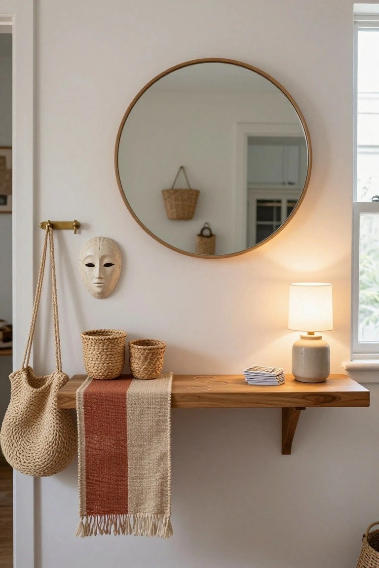 White wall with gold round mirror above wooden floating shelf holding striped runner, woven baskets, ceramic lamp, and stacked papers, plus rope-hung white mask nearby.