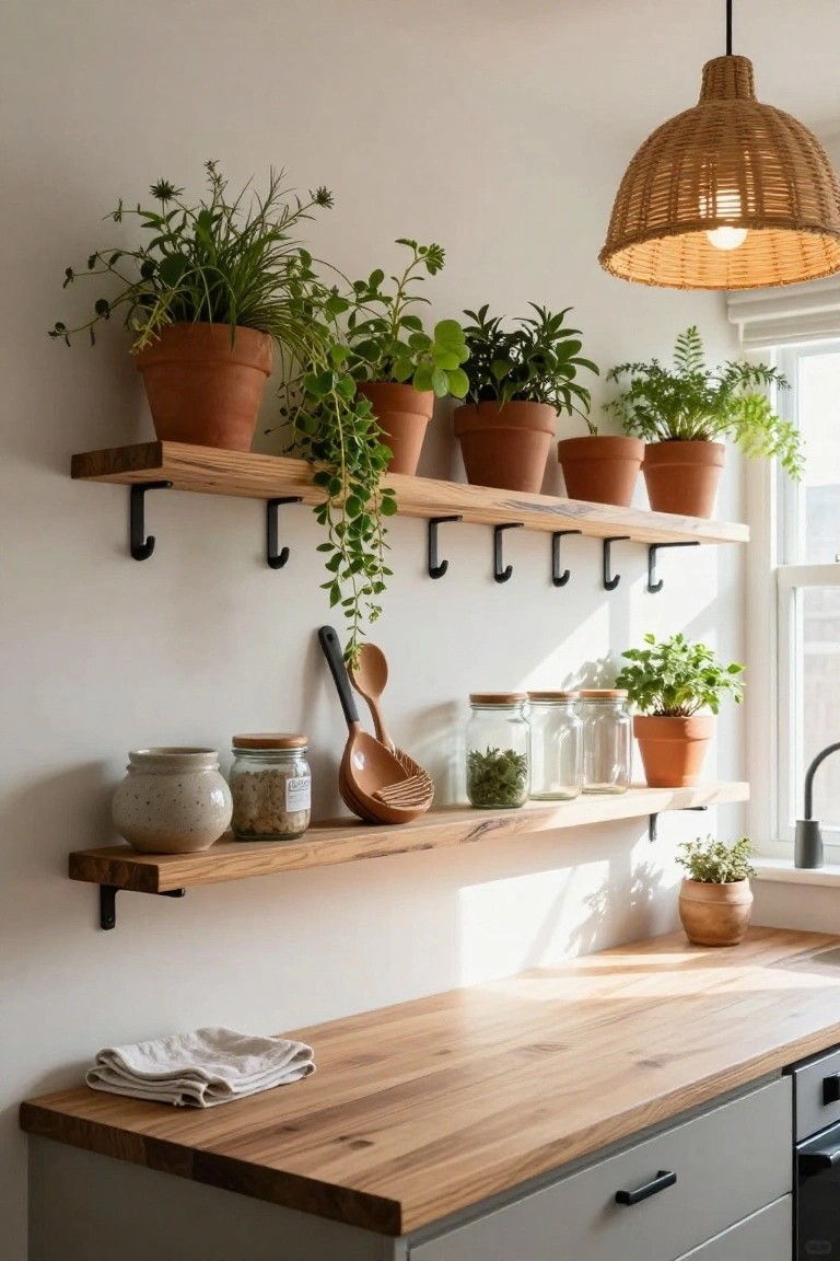 Kitchen wall with two wooden floating shelves holding terracotta pots of herbs and plants, glass jars, ceramic pots, wooden utensils on hooks, a woven pendant light overhead, and wooden countertop below.
