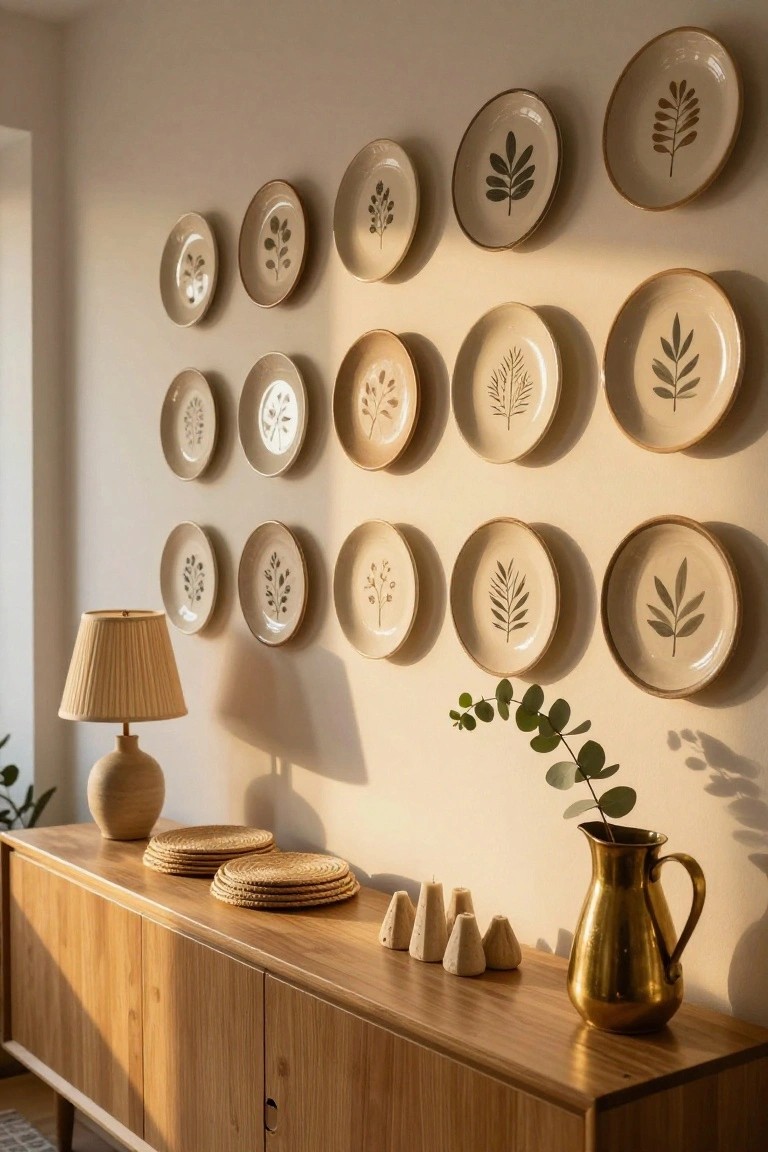 Beige wall with rows of white ceramic plates featuring hand-painted leaf motifs hung as decor, next to a wooden credenza topped with a beige lamp, stacked woven placemats, ceramic candle holders, and a brass pitcher holding eucalyptus branches.