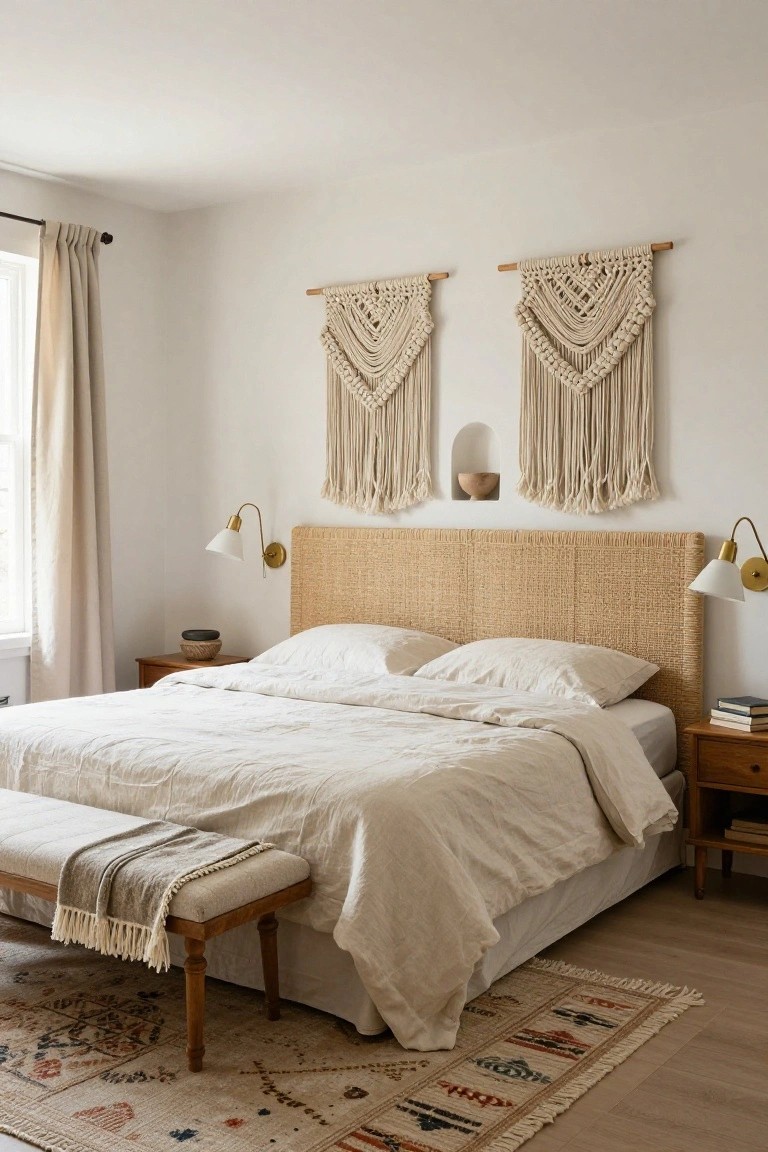 Bedroom interior with two large beige macrame wall hangings flanking a rattan headboard on a bed with white linens, wooden nightstands, wall sconces, a bench at the foot of the bed, sheer curtains on the window, and a patterned rug on light wood floors.