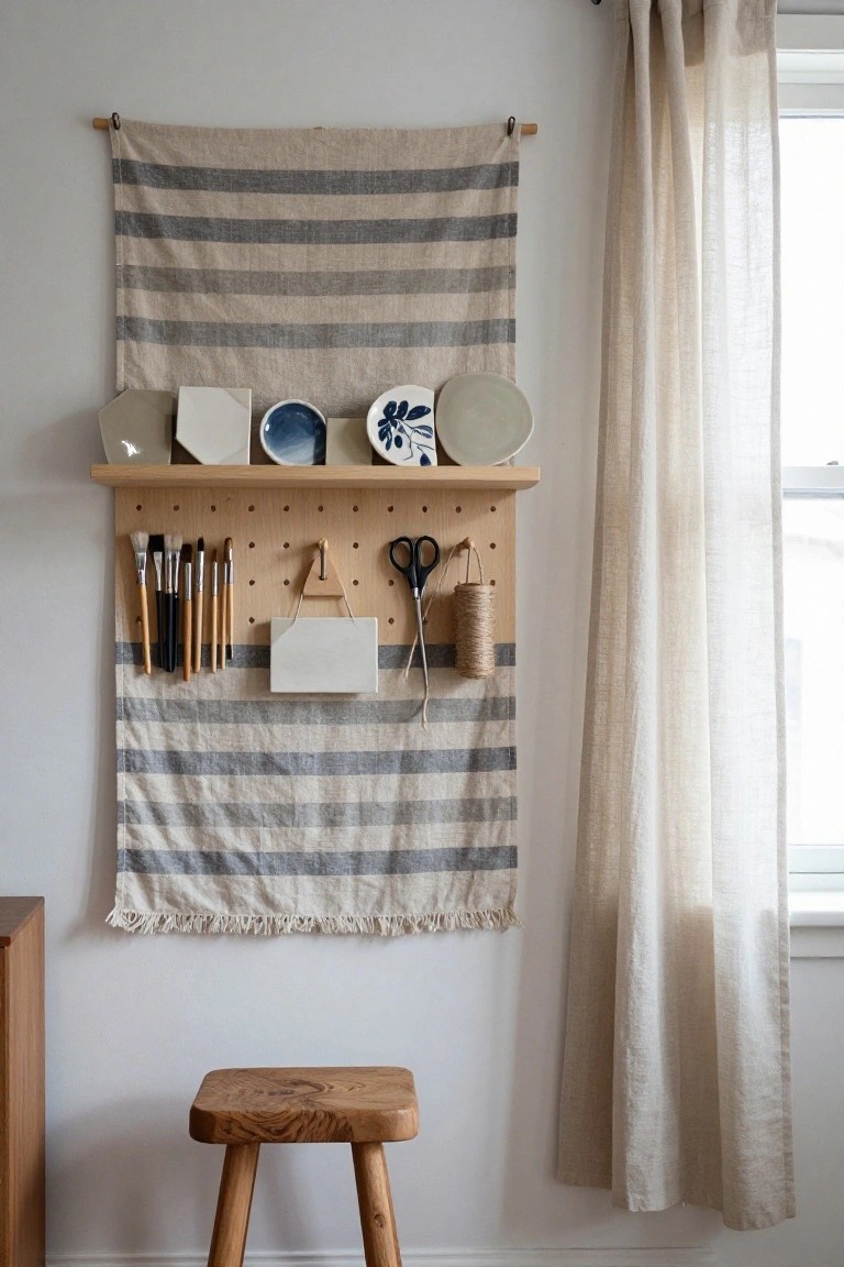 Wall-mounted wooden pegboard shelf on a beige striped linen hanging, holding paintbrushes, scissors, twine, ceramics, and a sign, with a wooden stool nearby and sheer curtain to the side