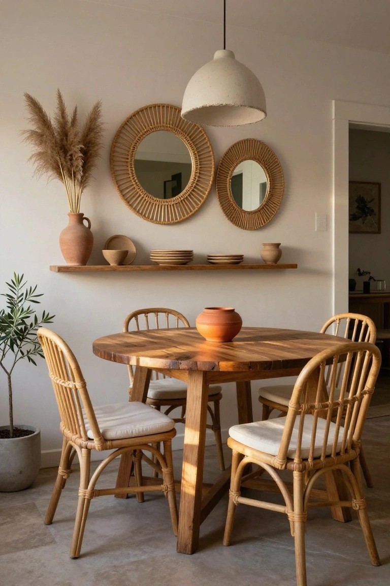 Light beige interior dining area with round wooden table, four rattan chairs with white cushions, wooden floating shelf holding terracotta pots and plates, two adjacent round rattan mirrors, pampas grass bundle, olive plant in gray pot, and white plaster pendant light overhead.