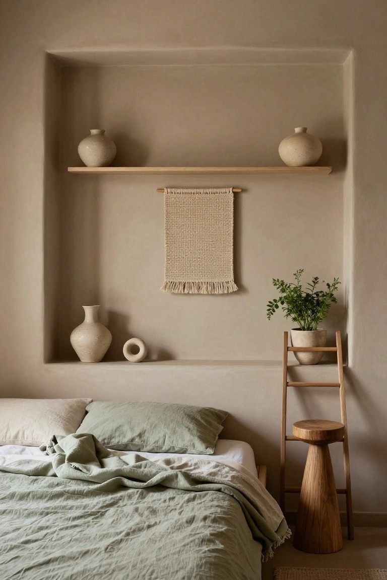 A bedroom with beige walls features a recessed niche displaying two ceramic vases on a wood shelf, a woven beige wall hanging, a lower shelf with a vase and ring-shaped object, a potted plant on a wooden stool next to a bed with green linen bedding.