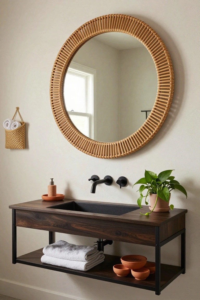 Modern bathroom with large round rattan mirror above wall-mounted dark wood vanity featuring black sink faucet, potted green plant, soap dispenser, towels on lower shelf, and small terracotta bowls.