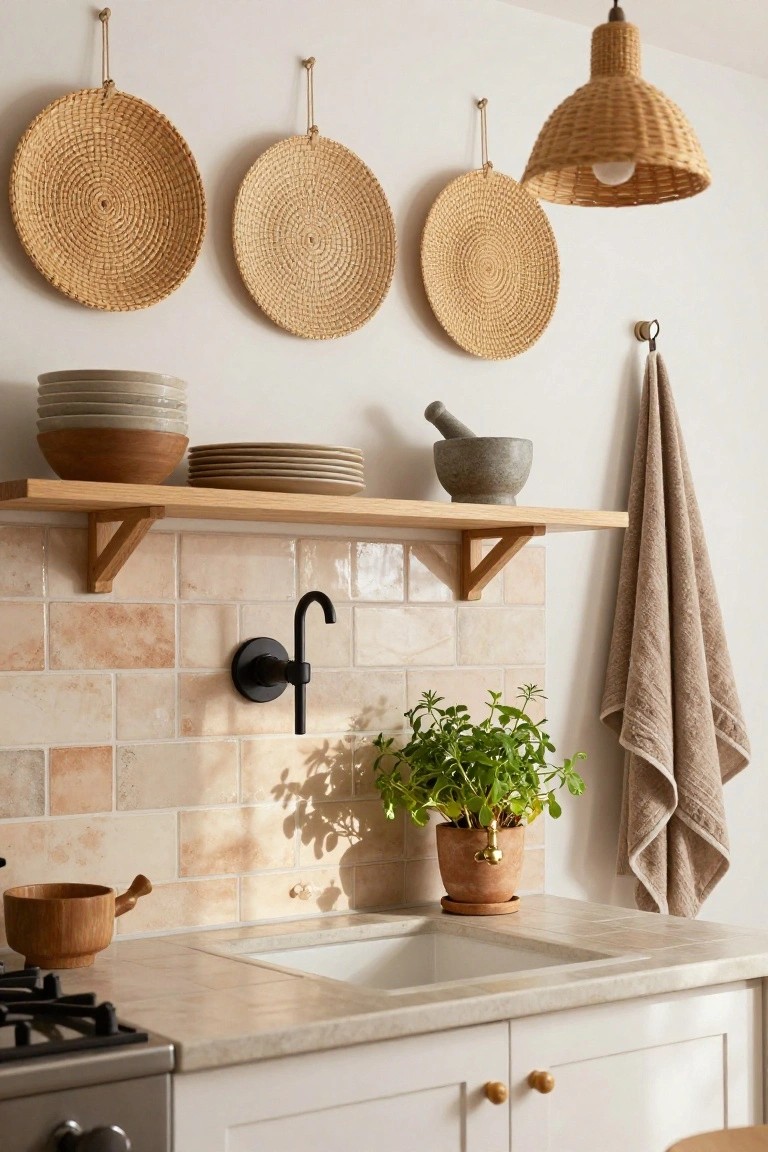 Kitchen interior with four round woven baskets hanging on white wall above wooden shelf holding stacked plates, wooden bowl, and stone mortar, beige tiled backsplash, white sink with black faucet, potted herb plant, and beige towel nearby.