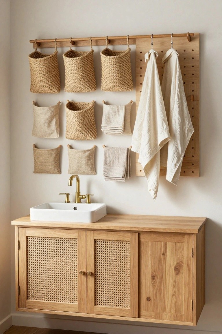 A floating wooden vanity with cane doors holds a white rectangular sink and gold faucet, with a wooden rail above displaying woven seagrass baskets and fabric pouches, and a pegboard section holding folded white towels.