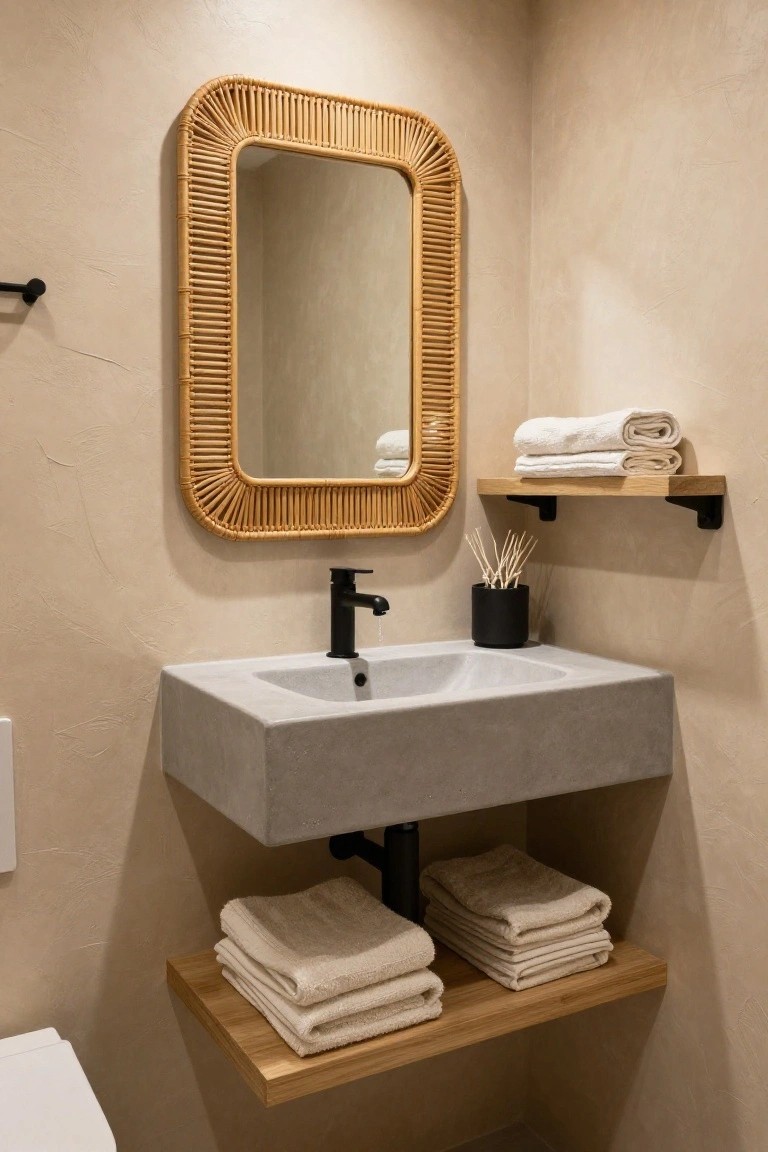 A corner bathroom with beige textured walls, oval rattan-framed mirror above a wall-mounted concrete sink with black faucet, wood shelves holding folded towels and a potted plant with sticks, and a white toilet nearby.