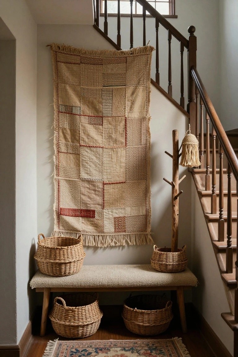 A large patchwork woven tapestry in beige and rust hangs on a white wall beside a wooden staircase, with wicker baskets, a cushioned bench on wood legs, a branch-like wooden coat rack with tassel, and a patterned rug on the wood floor.