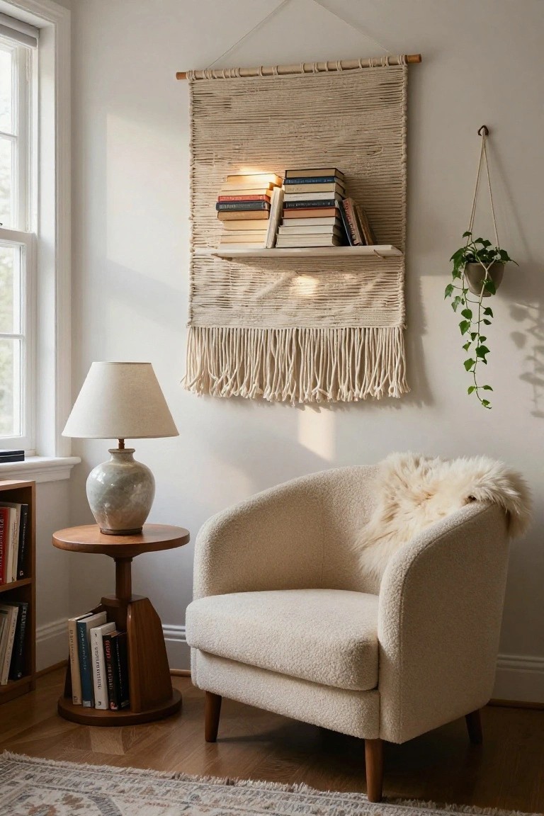 Cozy indoor reading nook with cream bouclé armchair on wood floor, wooden side table holding ceramic lamp and books, large beige woven wall hanging with integrated bookshelf displaying novels, hanging plant, and window with bookshelves nearby.