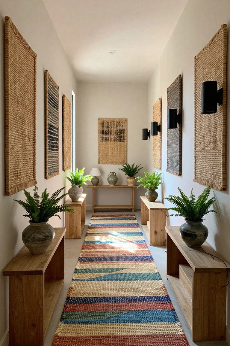 Narrow white hallway lined with large vertical woven reed panels on walls, wooden consoles topped with potted ferns and ceramic vases, a colorful striped rag runner rug on the floor, and black cylinder wall sconces.