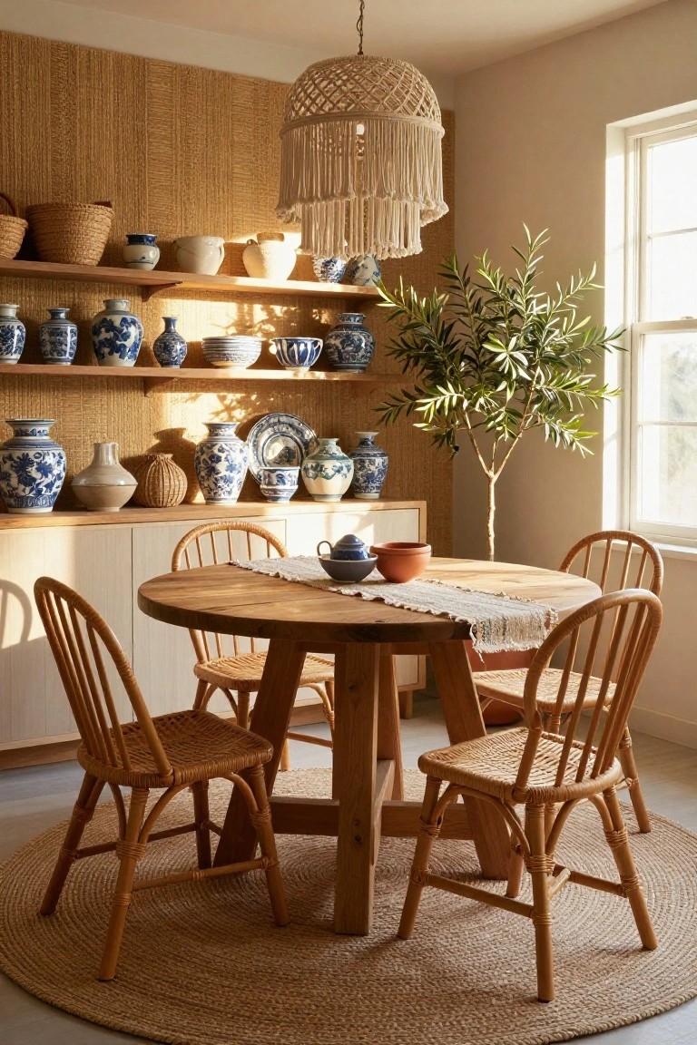 Interior view of a dining area featuring a round wooden table with rattan chairs on a seagrass rug, open wooden shelves displaying assorted blue-and-white ceramics against a woven straw wall, a macrame pendant light, and an olive tree near a window.