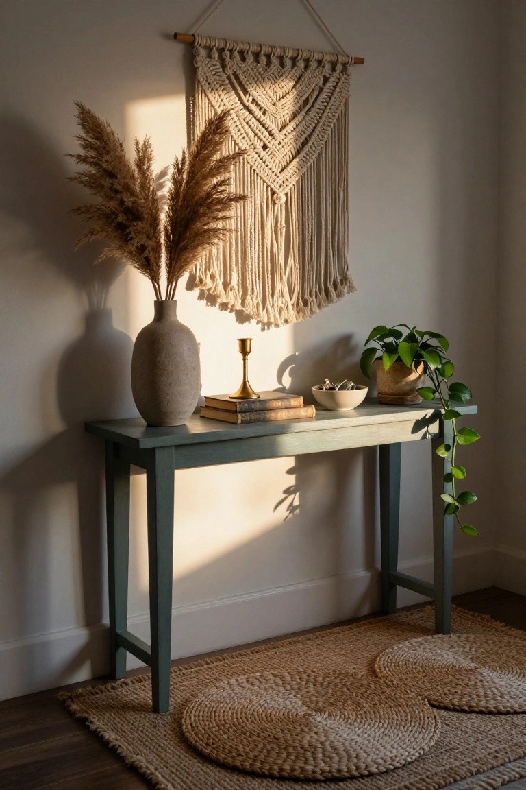 Green painted console table against a white wall holding stacked books, gold candlestick, white bowl with trinkets, beige textured vase with pampas grass, and terracotta pot with trailing green plant, macrame wall hanging above, two seagrass round mats and rectangular rug on wood floor with sunlight casting shadows.