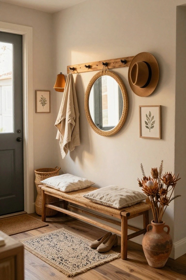 Entryway interior with a wooden rattan bench topped by white and beige cushions, a round braided mirror on the wall with coat hooks holding a towel and hat above it, woven baskets, dried flower arrangement in terracotta pot, framed leaf prints, orange lamp, doormat, and pair of nude heels on wood floor.