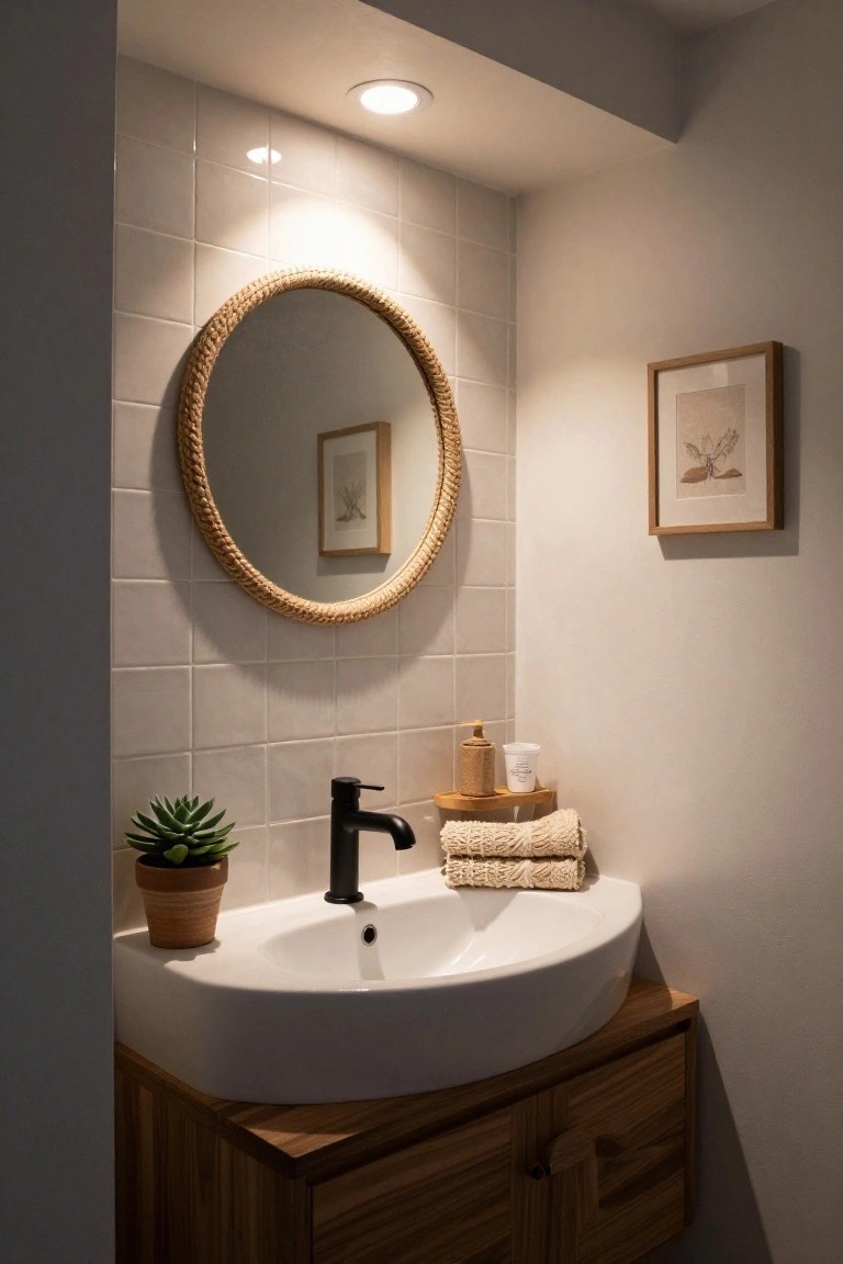 Bathroom vanity with round mirror framed in braided rope, white oval sink and black faucet on wooden cabinet below, potted succulent plant, soap dispenser, small cup, woven towels on wooden shelf, white subway tile walls, and framed artwork nearby.