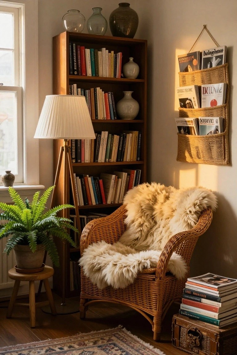Indoor reading corner with wooden bookshelves filled with books, a rattan armchair draped in light sheepskin throw, tripod floor lamp, potted fern on stool, hanging magazine pockets, vases on shelves, and Persian rug on wood floor.