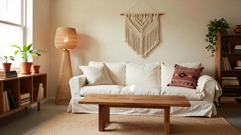 Cozy living room corner with large cream macrame wall hanging on white wall above white slipcovered L-shaped sofa, wooden coffee table with two terracotta plant pots, nearby wooden shelves with books, potted plants, rattan floor lamp, patterned pillows, woven throw, and seagrass rug on wood floor.