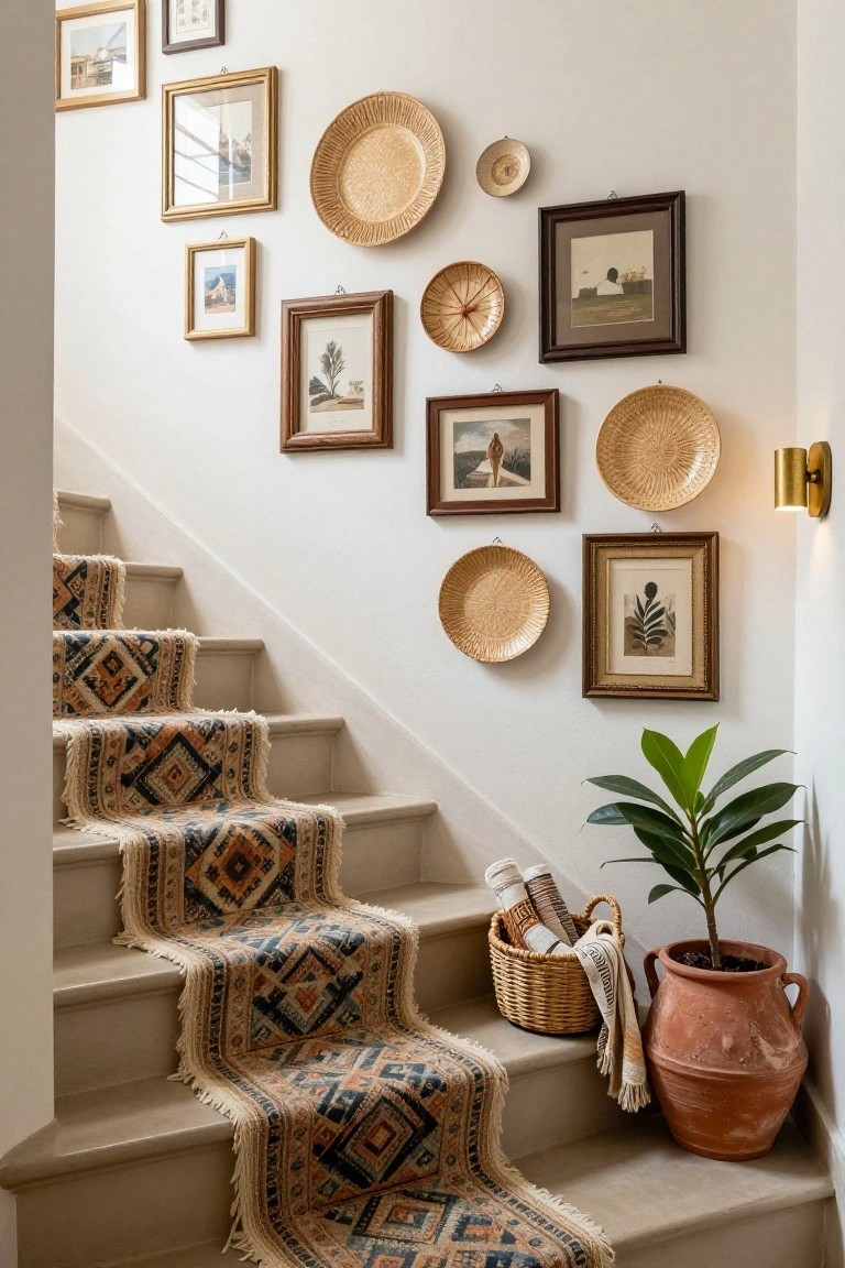 A light-colored staircase with a fringed geometric runner, white walls covered in a mix of framed artwork and various woven baskets, a wall-mounted light fixture, a potted plant in a terracotta pot, and stacked towels in a wicker basket at the base.