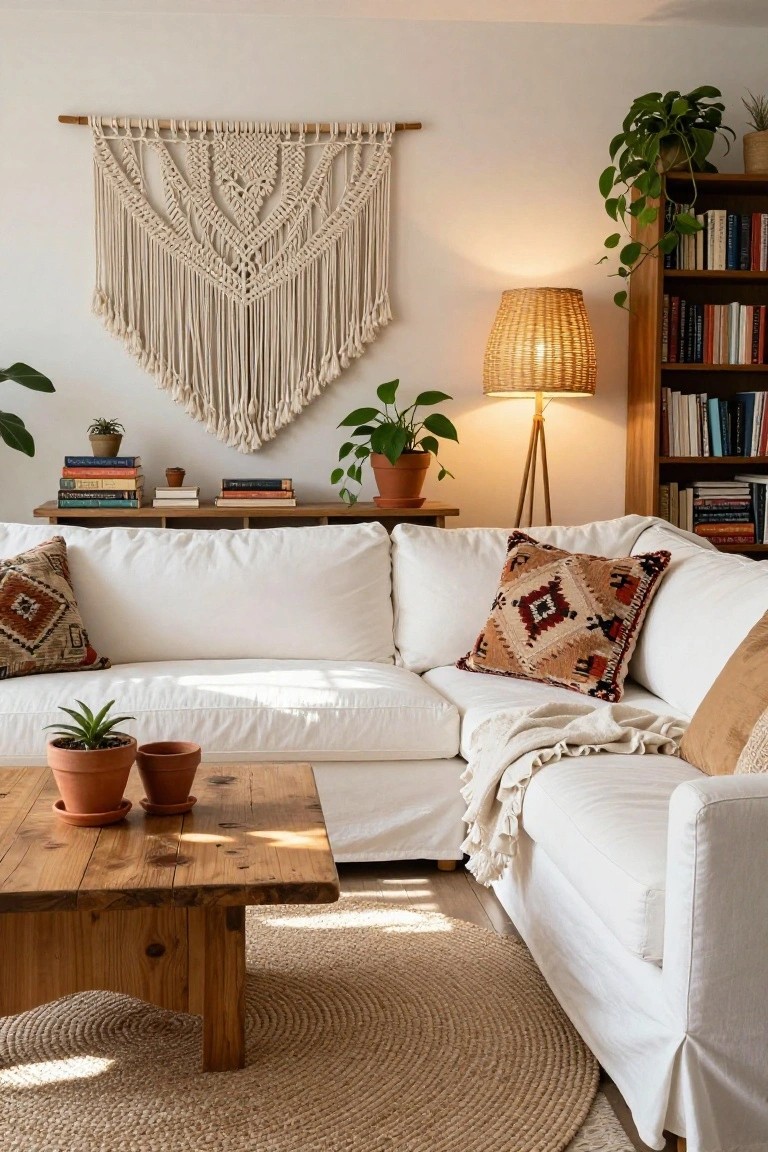 Cozy living room corner with large cream macrame wall hanging on white wall above white slipcovered L-shaped sofa, wooden coffee table with two terracotta plant pots, nearby wooden shelves with books, potted plants, rattan floor lamp, patterned pillows, woven throw, and seagrass rug on wood floor.