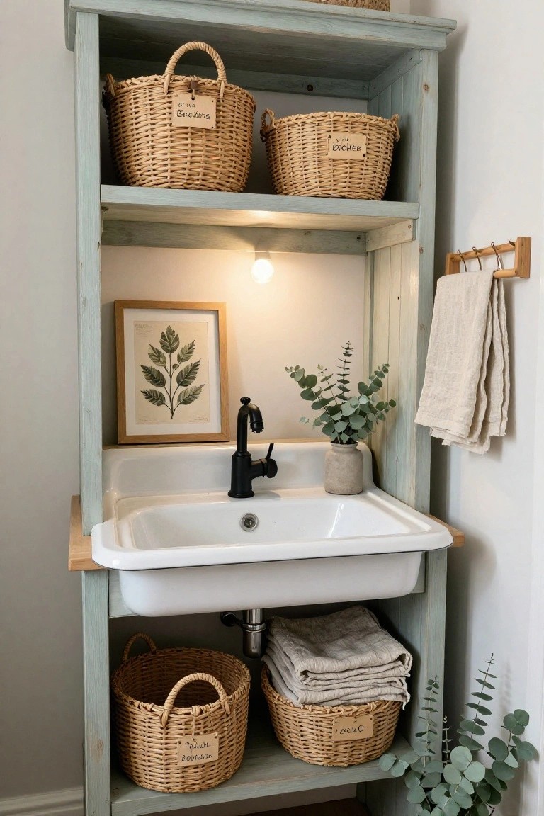 Teal-painted wooden open shelving unit functioning as a bathroom vanity with white porcelain sink, black faucet, labeled wicker baskets holding towels and other items, linen towels on hooks, eucalyptus plants, and a framed botanical print.