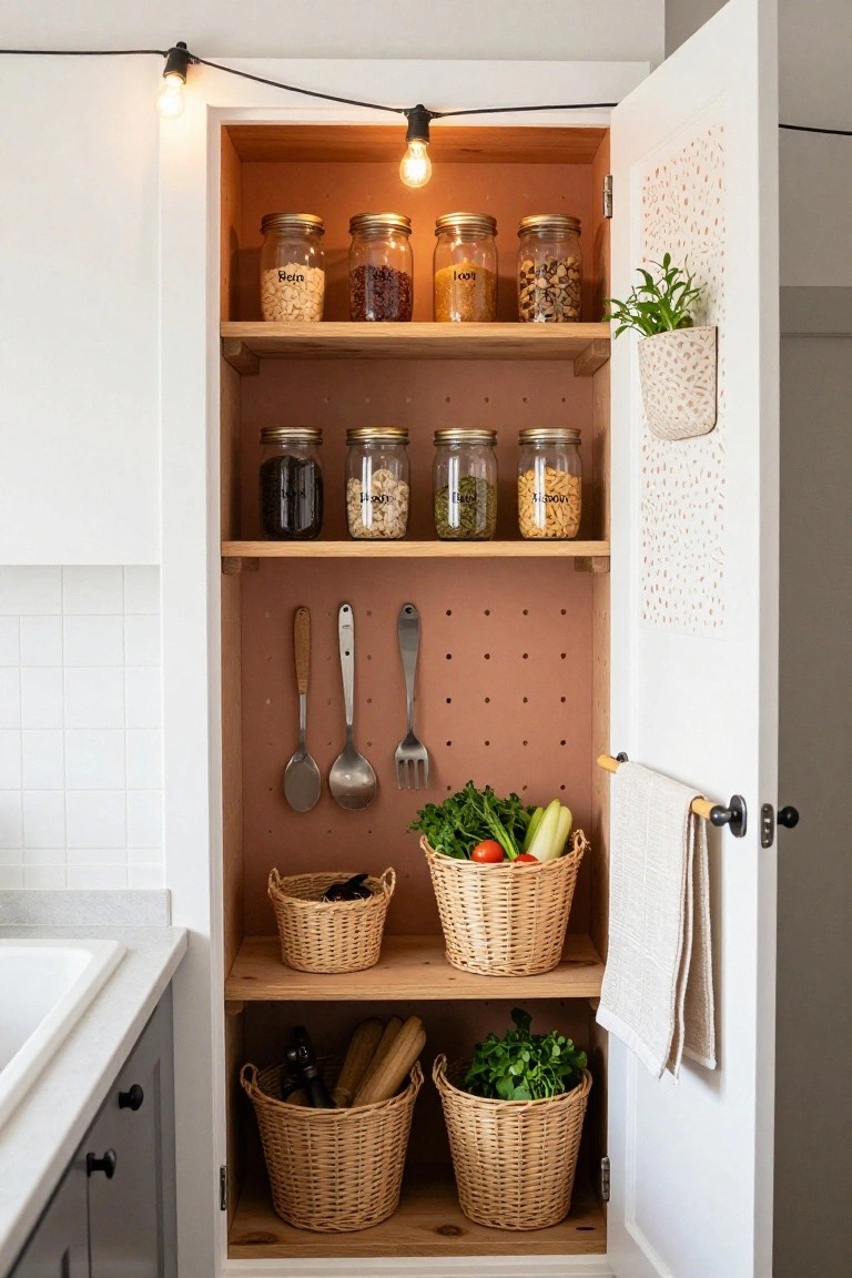 Open white kitchen cabinet door lined with pink pegboard holding wooden spoons, metal utensils, fresh vegetables, and baskets of produce on lower shelves stocked with glass jars of grains, nuts, and beans plus string lights overhead.
