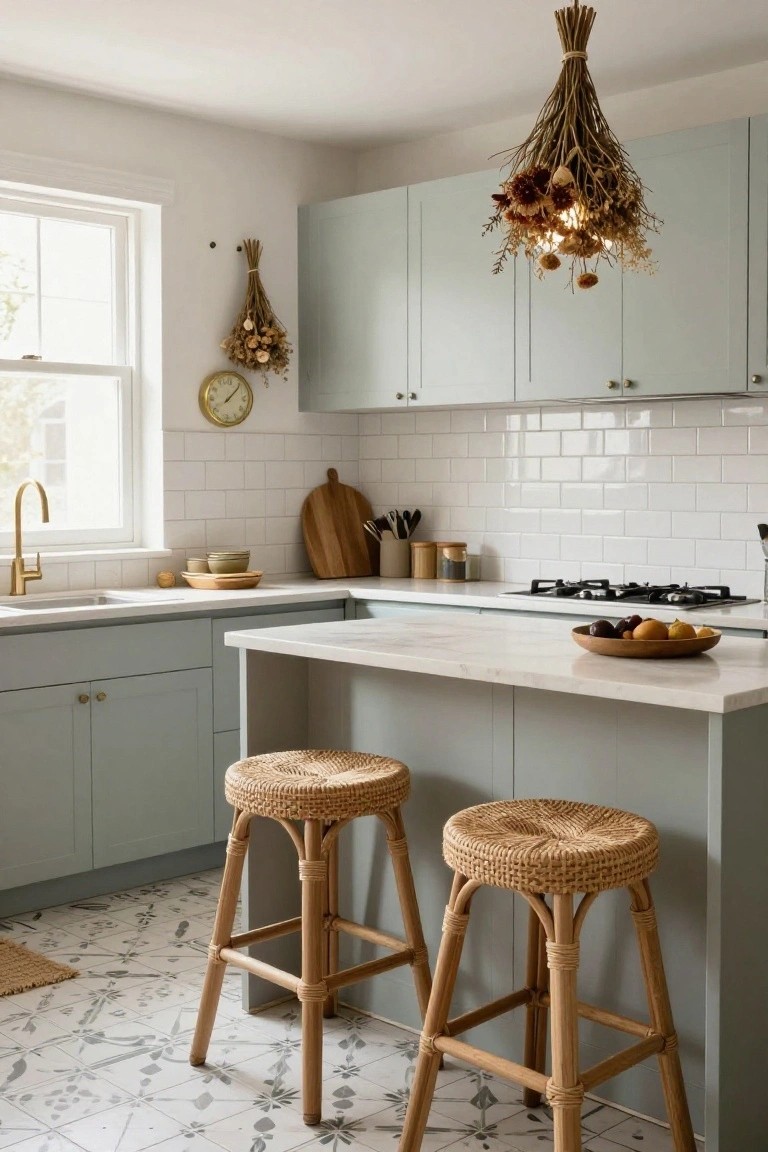 A compact kitchen with sage green cabinets, white subway tile backsplash, marble island bar, two rattan bar stools, gold faucet, and dried flower pendant light.