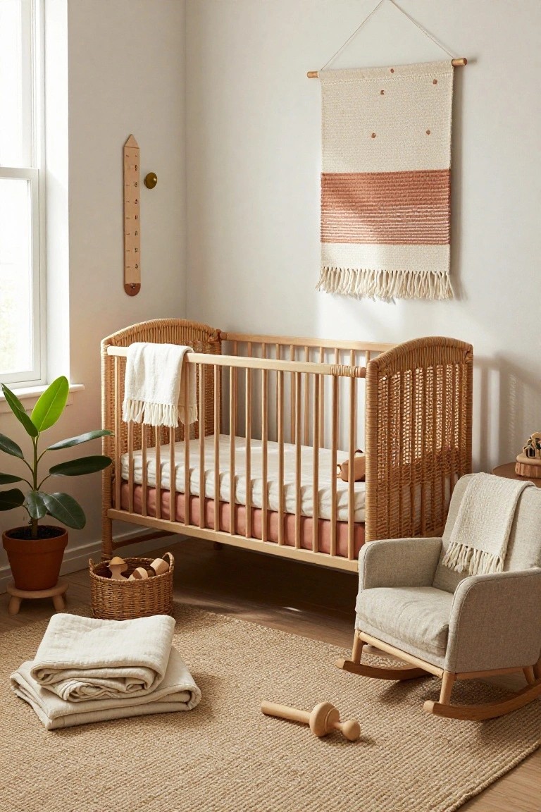 A nursery corner with a rattan crib holding white bedding and a stuffed toy, beside a rattan rocking chair, potted plant, woven wall hanging, height chart, basket of wooden toys, and folded blankets on a seagrass rug.