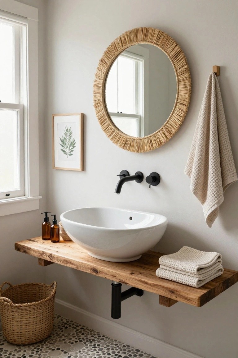 Bathroom vanity on a floating wooden shelf with large round rattan mirror above a white vessel sink, black faucet, soap bottles, stacked towels, hanging towel, seagrass basket, leaf print artwork, and pebble tile floor in a light gray room.