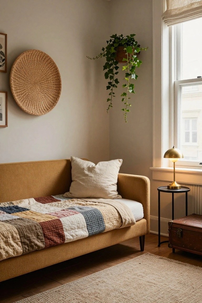 Tan upholstered sofa bed in a light gray room corner, covered with multicolored patchwork quilt and white pillows, beside black side table with brass lamp, woven wall hanging, and hanging ivy plant near linen-shaded window.