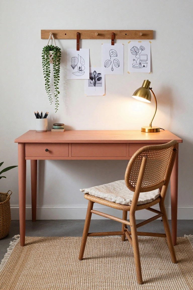 A light terracotta wooden desk with one drawer sits against a white wall, with a rattan chair featuring a cream cushion, a gold desk lamp, hanging plant, and pinned artwork on a wooden wall rail nearby.