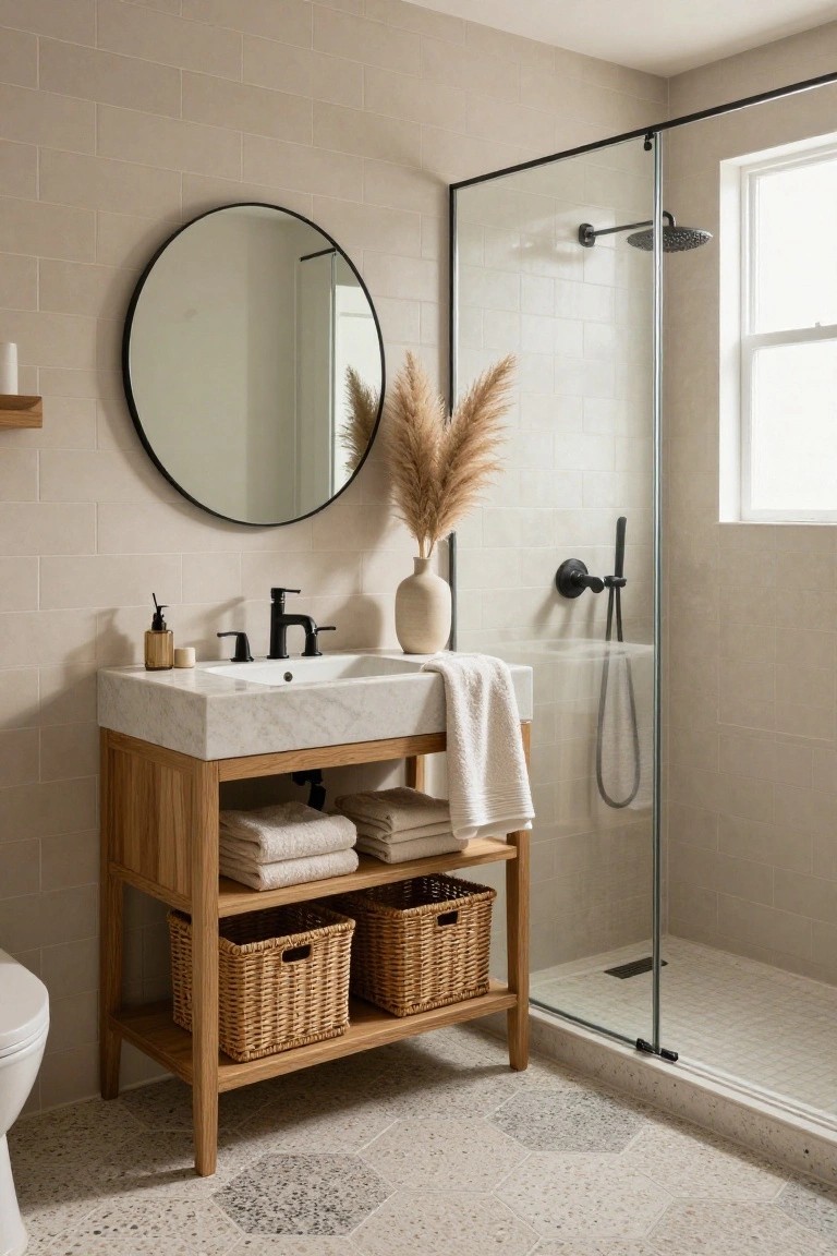 Beige subway tile bathroom with freestanding oak wood vanity on white marble top, round black mirror, pampas grass in vase, glass shower enclosure with black fixtures, white toilet, and hexagonal terrazzo floor tiles.