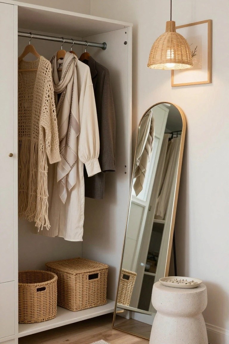White open wardrobe with neutral knitwear, scarves, and dresses hanging inside, wicker baskets on the bottom shelf, tall arched gold mirror nearby, rattan pendant light overhead, and stone stool with dish in a light bedroom corner.