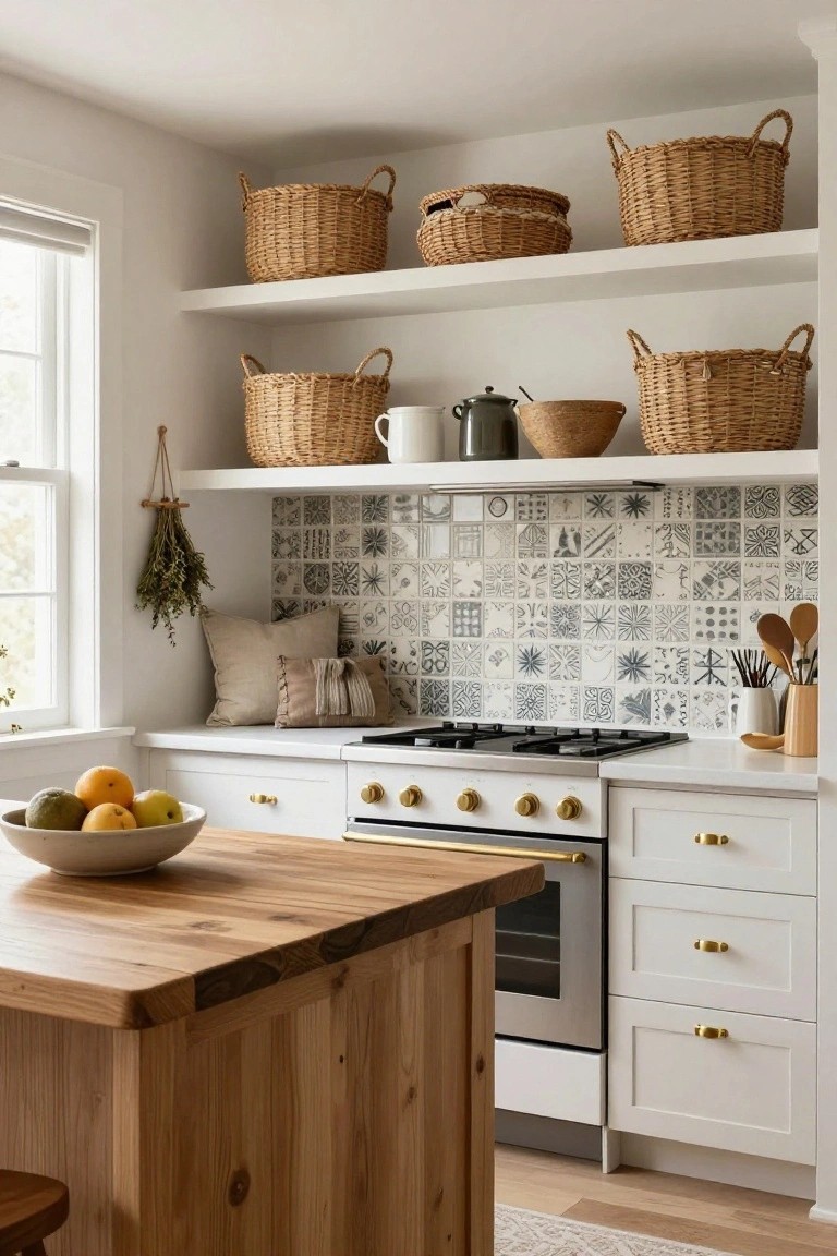 Kitchen with white cabinets, wooden island holding a bowl of oranges, gold-knobbed gas stove, geometric tile backsplash, and open white shelves filled with multiple woven baskets.