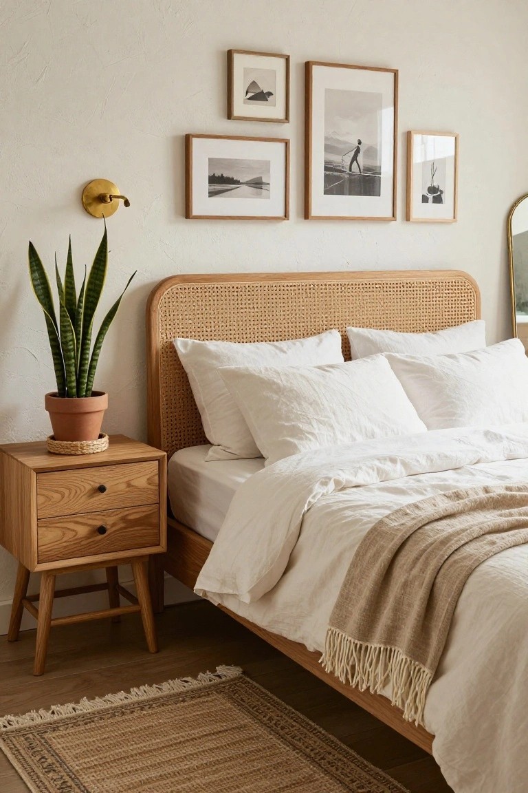 Bedroom corner with beige rattan headboard on bed dressed in white linens and tan throw, oak nightstand with drawers holding potted snake plant, four framed black-and-white photos on pale wall, brass wall sconce, round mirror, and tan woven rug on wood floor.
