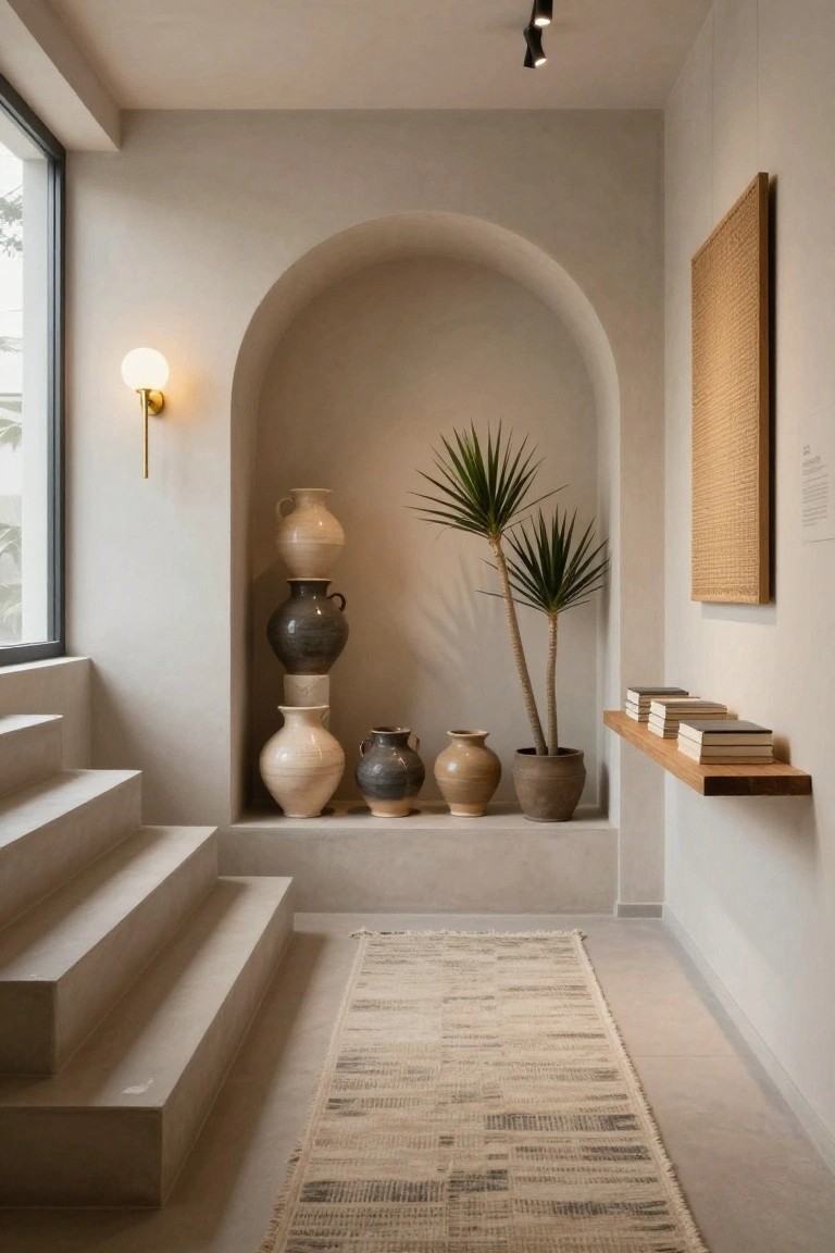 Interior hallway with light beige walls, concrete steps, an arched niche displaying stacked terracotta vases and two potted palm plants, a wooden shelf holding stacked books, a woven rug on the floor, and a wall lamp next to a window.