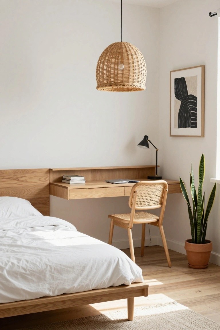 A minimalist bedroom with a low wooden platform bed, integrated floating oak desk and headboard, rattan chair, black adjustable desk lamp, snake plant in terracotta pot, abstract black and white wall art, and woven rattan pendant light.