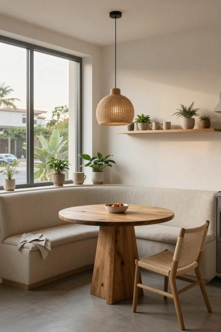 Light-filled indoor corner with beige curved bench seating along a large window, round wooden table topped with a bowl, single rattan chair, plants on windowsill and floating shelves, woven pendant lamp overhead, and polished concrete floor.