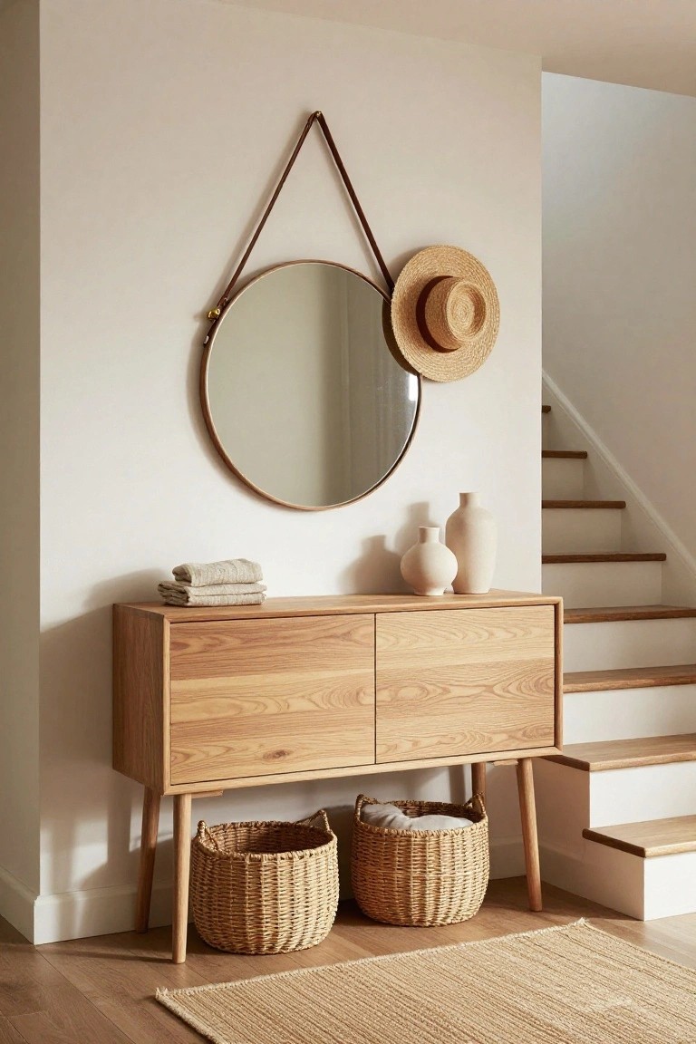 Light oak console table with two woven baskets underneath in a white entryway next to stairs, topped with folded linens and flanked by ceramic vases, round mirror with leather strap and straw hat above.