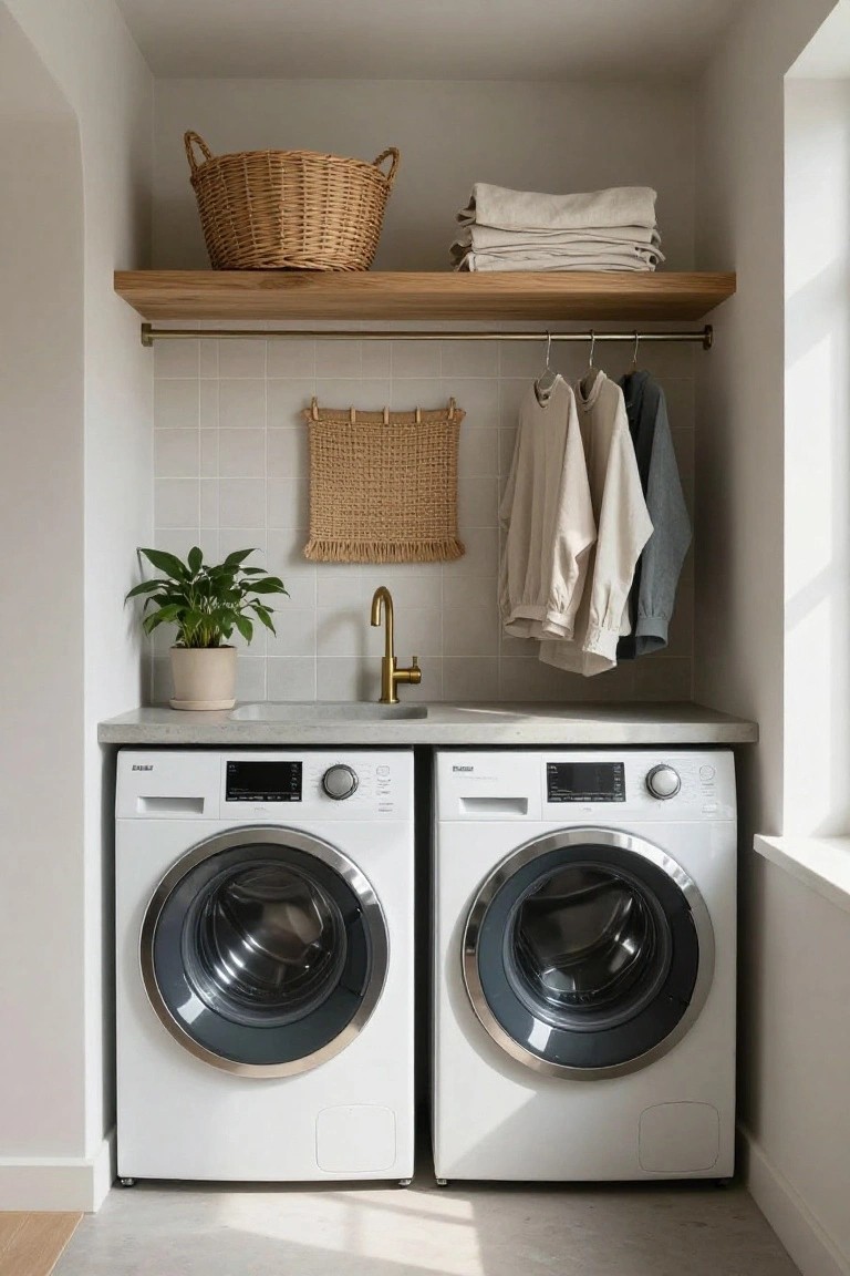 Compact white laundry room with two front-loading washing machines under a concrete countertop and brass faucet sink, topped by a wood shelf holding a wicker basket and folded linens, brass hanging rod with clothes, woven wall hanging, and potted green plant.