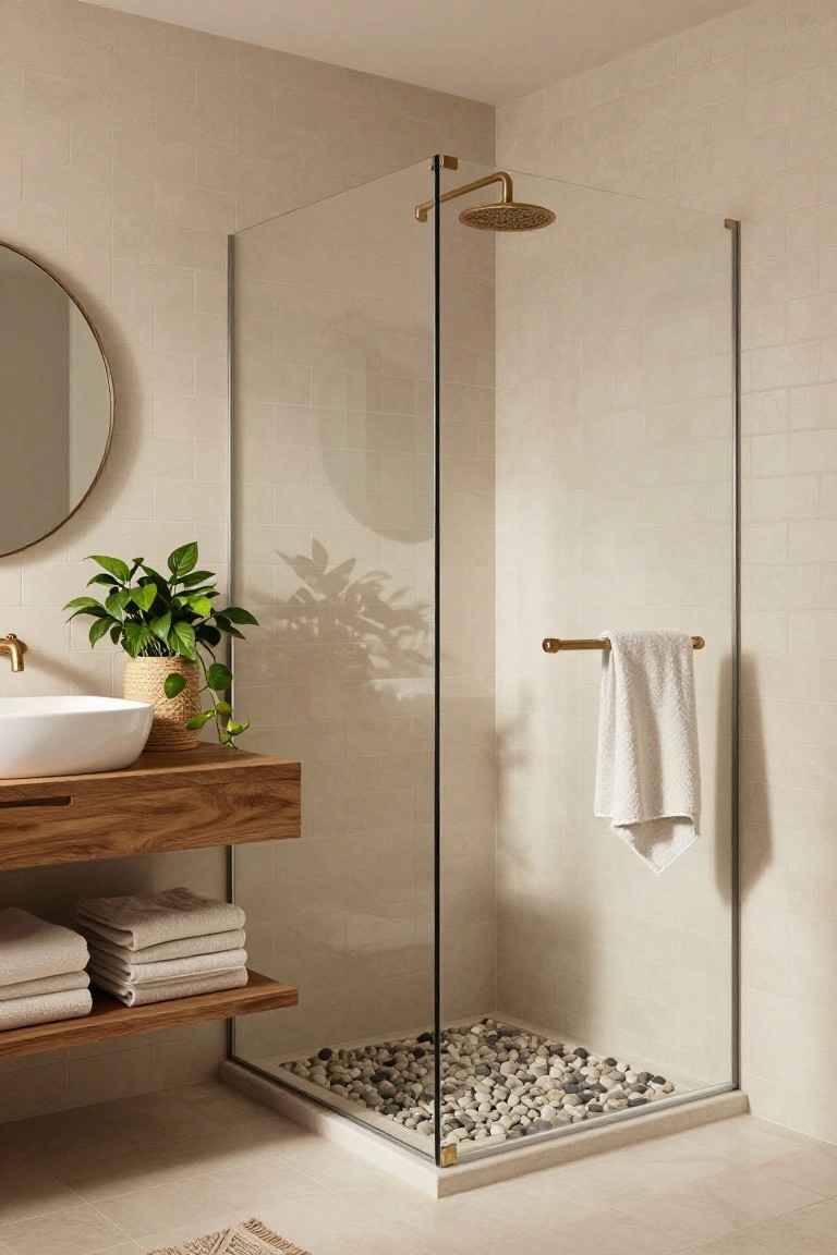 Minimalist bathroom with glass shower enclosure containing white pebble floor, wooden floating vanity holding stacked towels, round mirror, potted green plants, and brass fixtures on beige tiled walls.