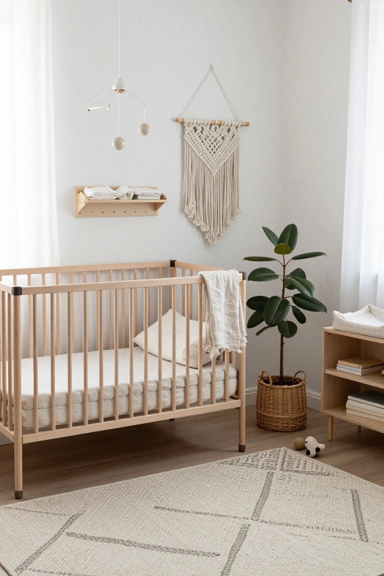 Light wood crib with white bedding and pillow in a bright nursery corner, next to a potted rubber plant, wooden changing table, macrame wall hanging, and geometric rug on light floor.