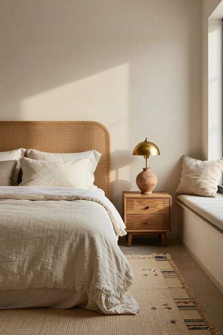 Bedroom interior with rattan headboard, white linen bedding and pillows, wooden nightstand holding gold lamp and terracotta vase, window seat with cushions, and neutral rug on light wood floor.