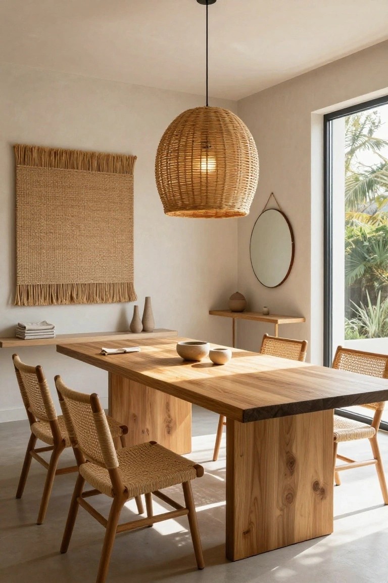 A minimalist beige dining room with a rectangular live-edge wooden table, four rattan chairs, a large hanging woven rattan pendant light, woven wall hanging, and window to tropical outdoor plants.
