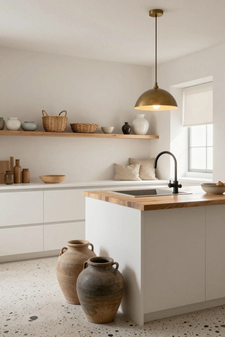 A minimalist kitchen featuring white cabinets, a wooden-topped island with black faucet, open wooden shelves holding ceramics and woven baskets, beige cushions on a windowsill, and two large terracotta pots on a speckled tile floor.