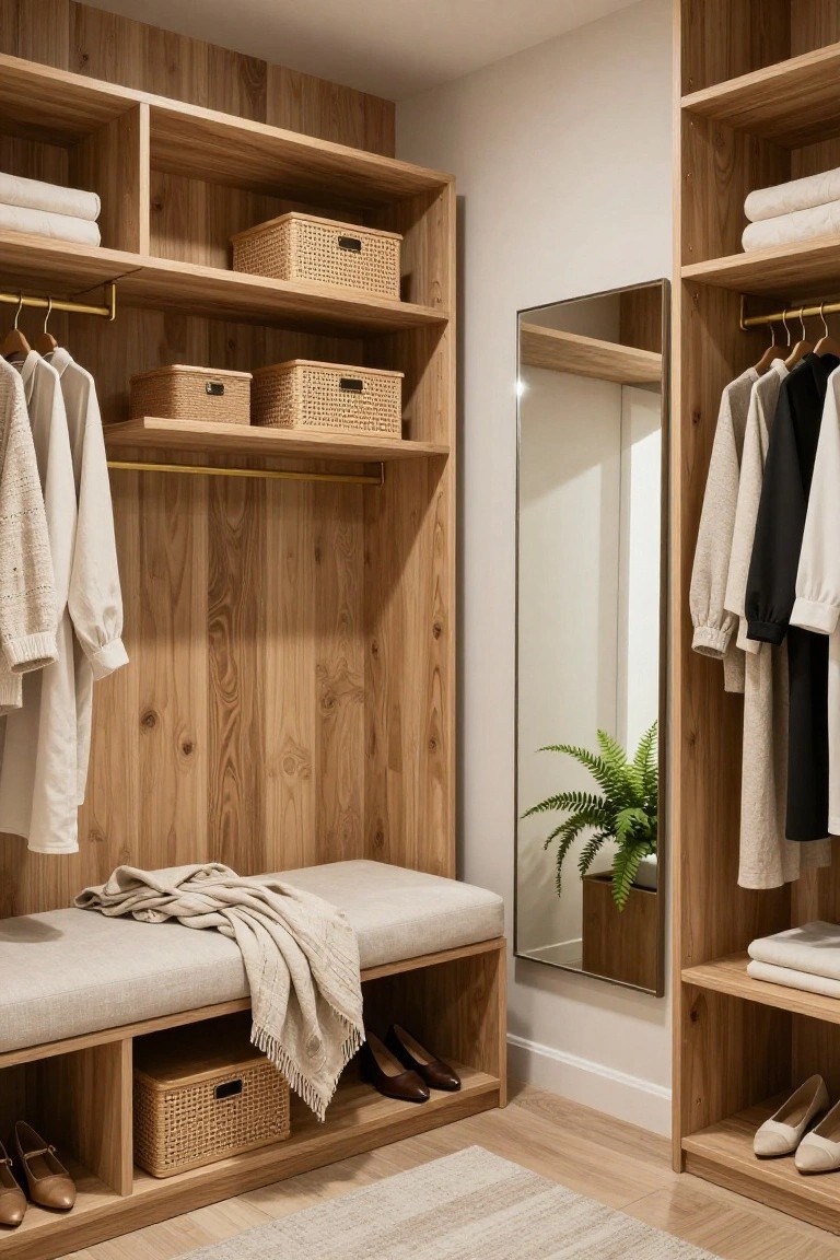 Light wood paneled walk-in closet featuring open shelves with wicker baskets and folded towels, hanging neutral clothing, a full-length mirror, cushioned bench with throw blanket and stored shoes, potted fern, and neutral rug on wood floor.