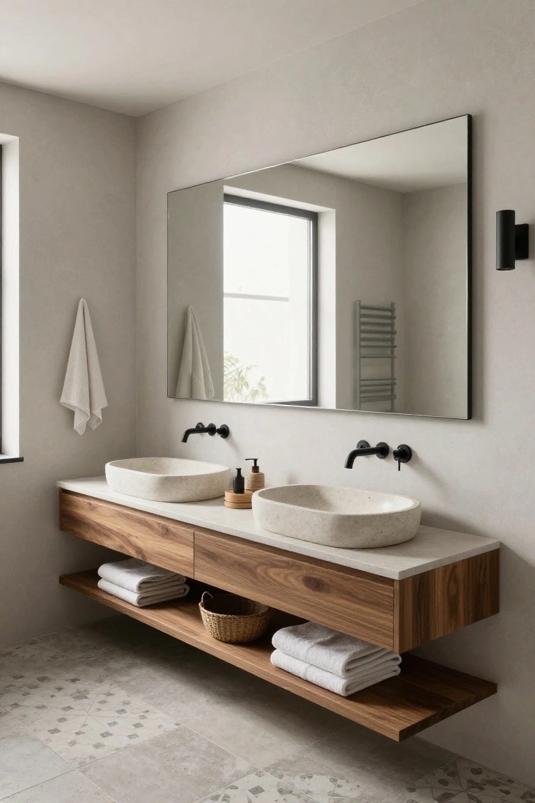 Modern bathroom with floating walnut wood vanity unit holding two oval white stone vessel sinks, black wall-mounted faucets, large rectangular mirror above, towel rail, and open shelving with linens below.