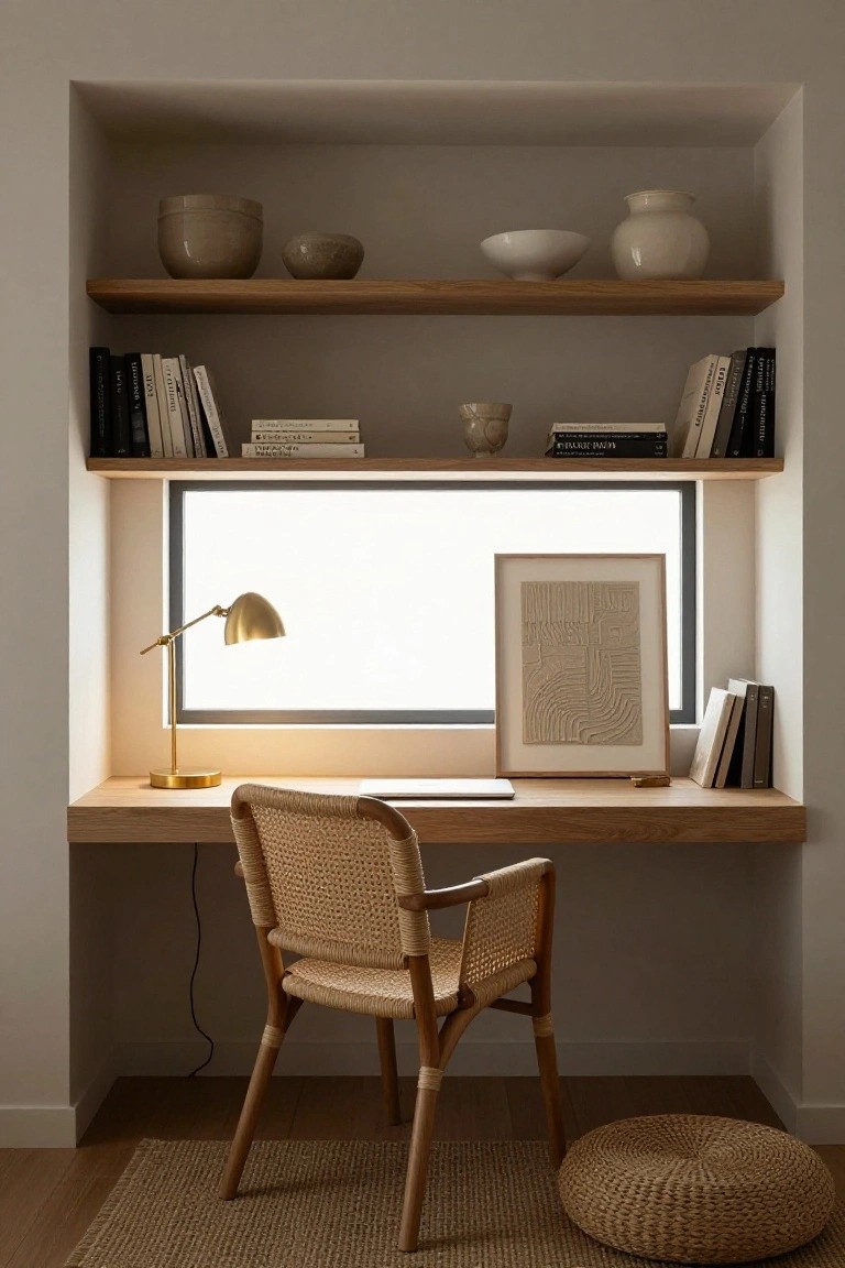 Built-in oak desk in a window alcove with surrounding wooden shelves holding beige ceramics, books, and plants, gold desk lamp, rattan armchair, woven floor pouf, and neutral rug on wood floor.