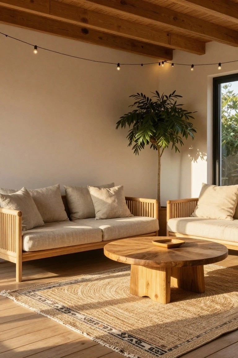 A minimalist indoor living area with two low wooden-framed sofas upholstered in beige linen, arranged around a round wooden coffee table on a round jute rug, next to a tall potted palm tree, under a wooden beamed ceiling with string lights and a large glass door showing greenery outside.